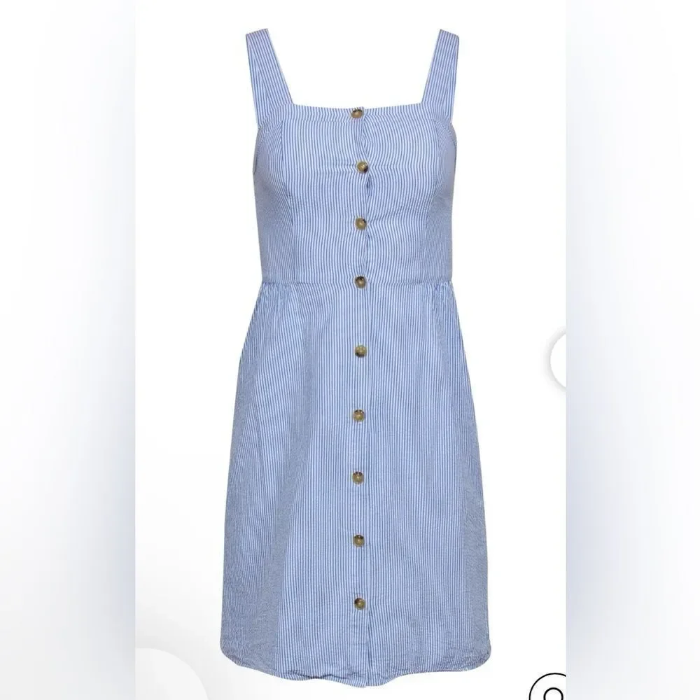 J Crew  Button Front Dress Sz 12  Seersucker Stripe White/Blue Sleeveless NWT